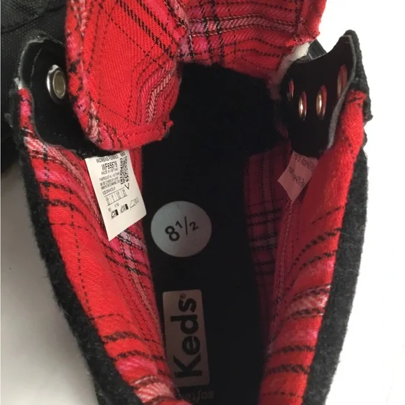 Keds Black Lace-Up High-Top Boots with Red Plaid Lining - Picture 4 of 11